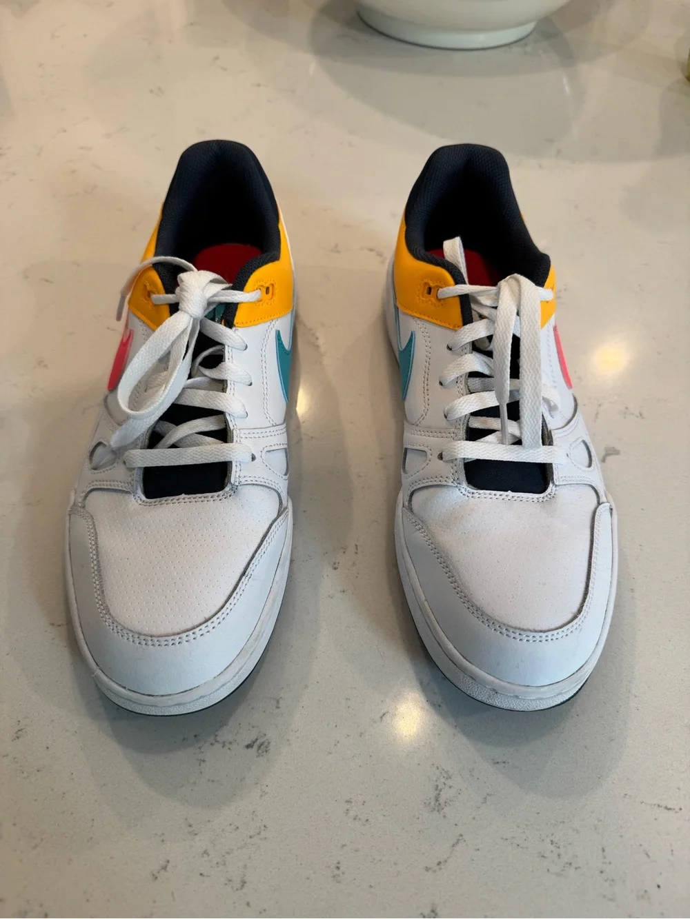 Nike Full Force Low-Top Men’s Sneakers in White with Pink, Teal & Yellow Accents